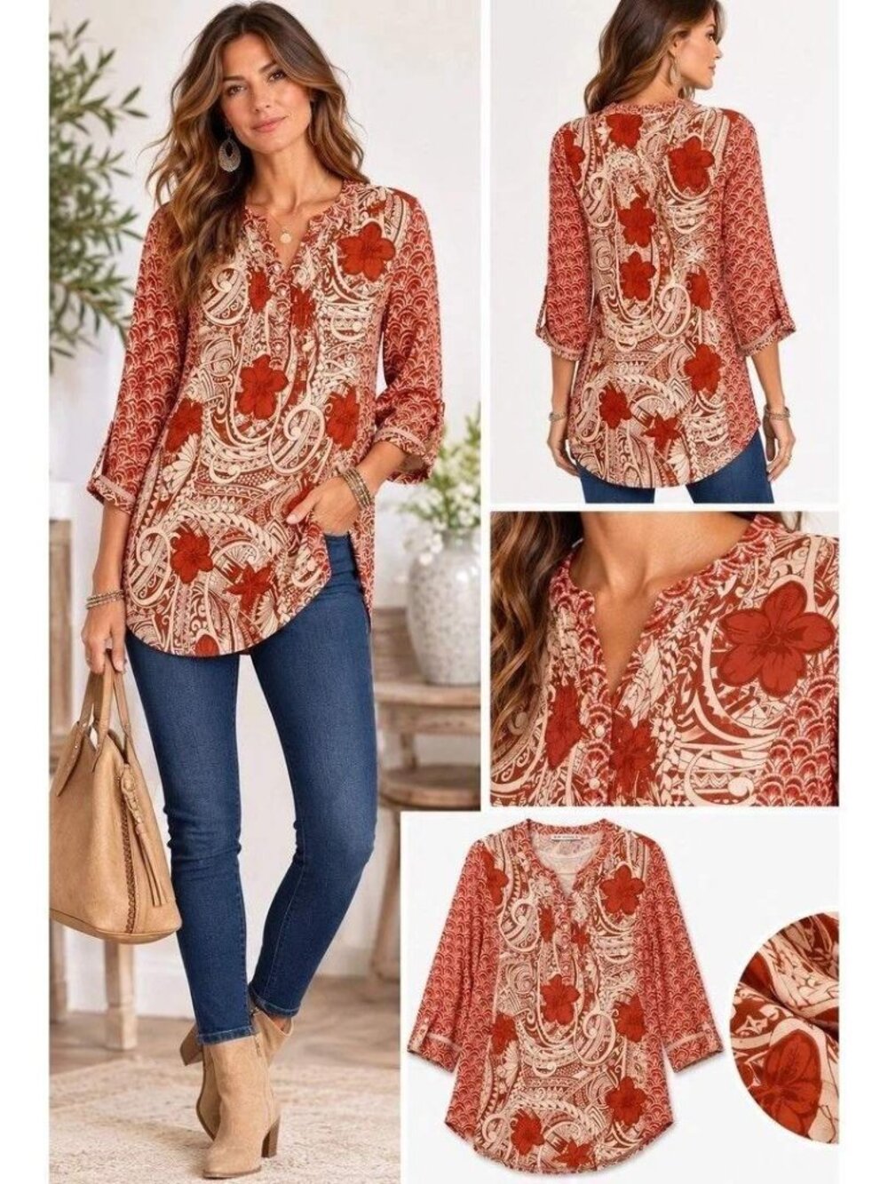 Soft Surroundings Mixed Print Pintuck Tunic Top Orange Sz M Nude Tank Included
